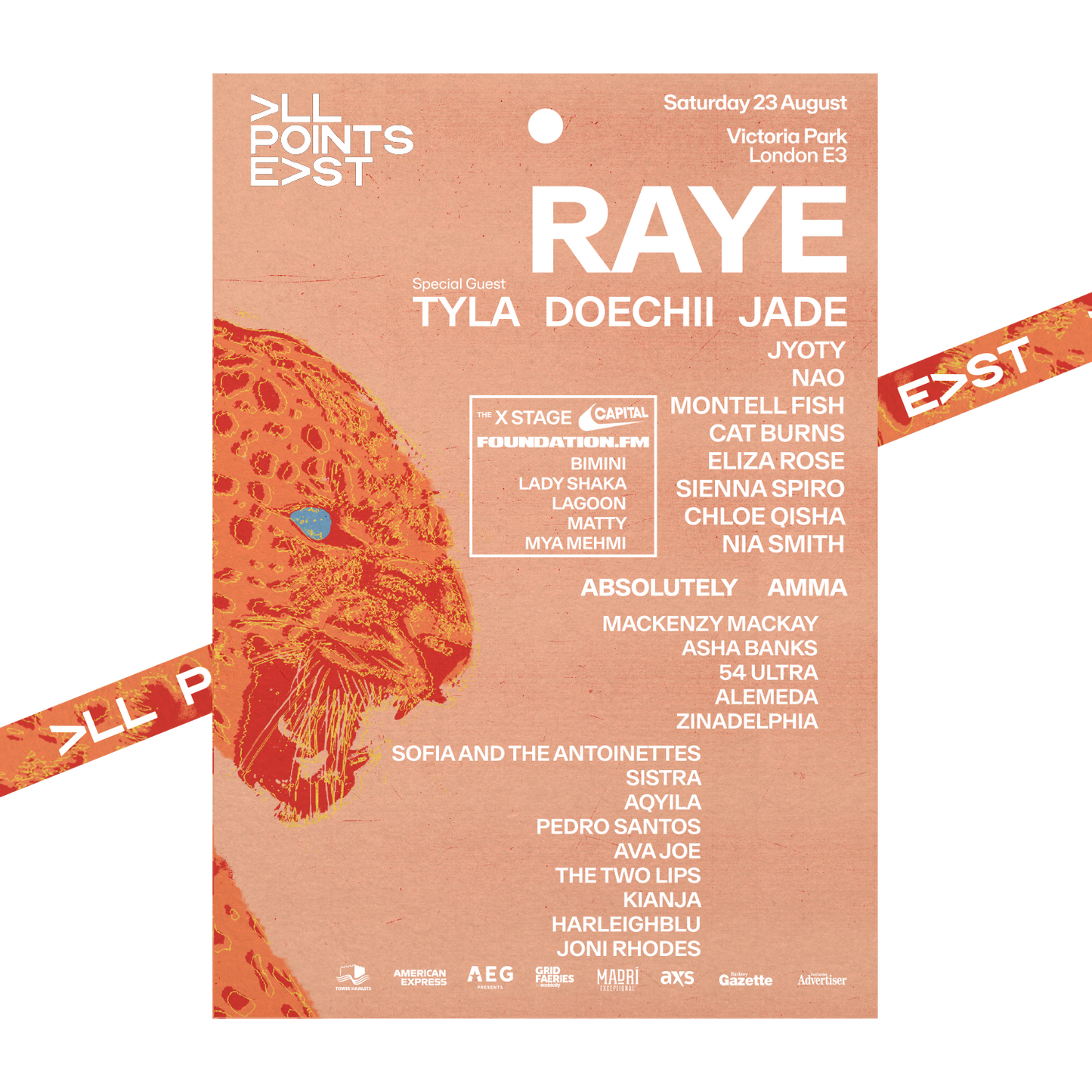 A vibrant festival poster for 2025 Raye Laminate & Lanyard by 2025, spotlighting RAYE as headliner at Victoria Park, London on Saturday, 23 August with Tyla, Doechii, Jade, Jyoty and more. An orange cheetah graphic decorates the background.