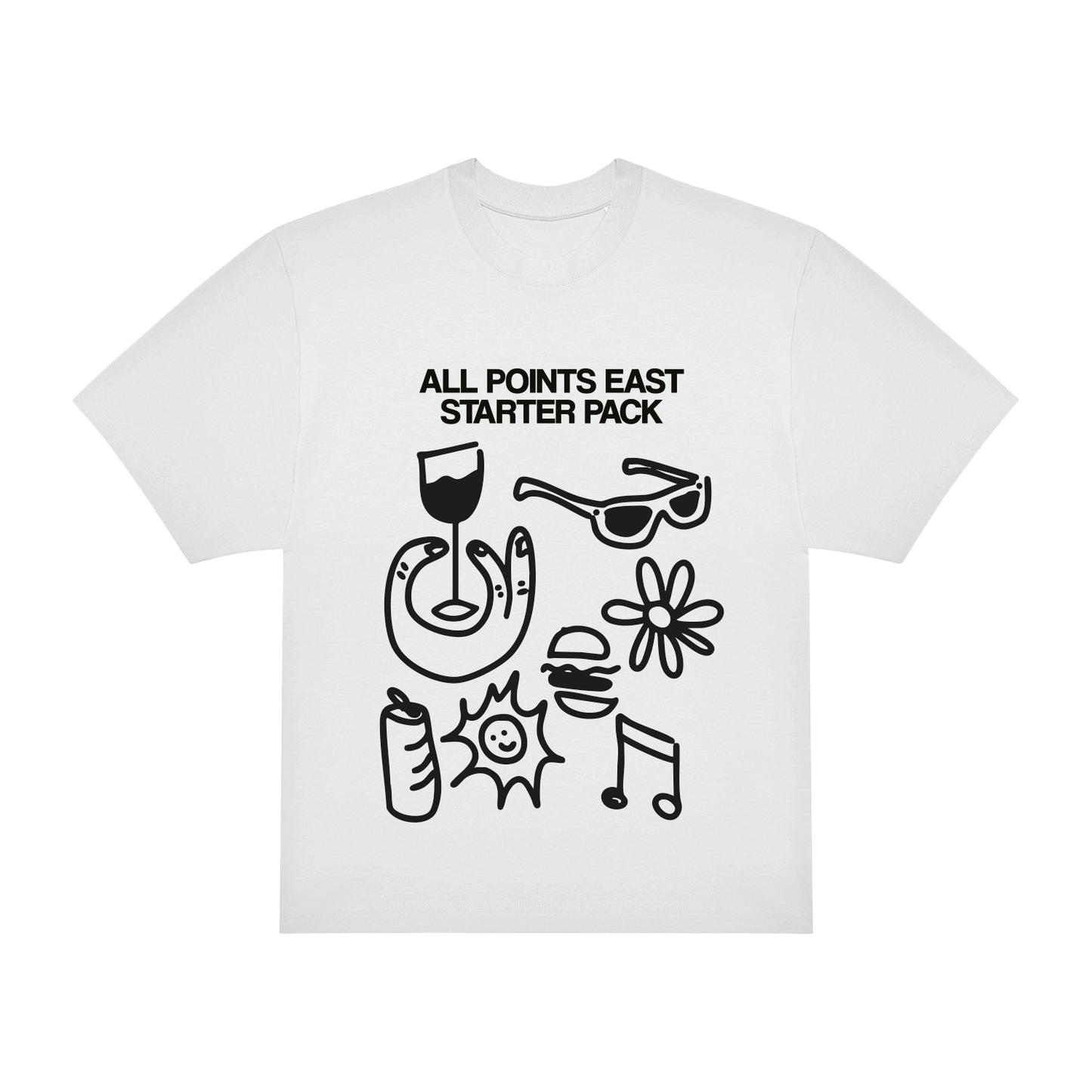 The Starter Pack T-Shirt by 2025 is a white tee featuring black ALL POINTS EAST STARTER PACK text above illustrations of a wine glass, sunglasses, horseshoe, flowers, a can, sun, and music notes.