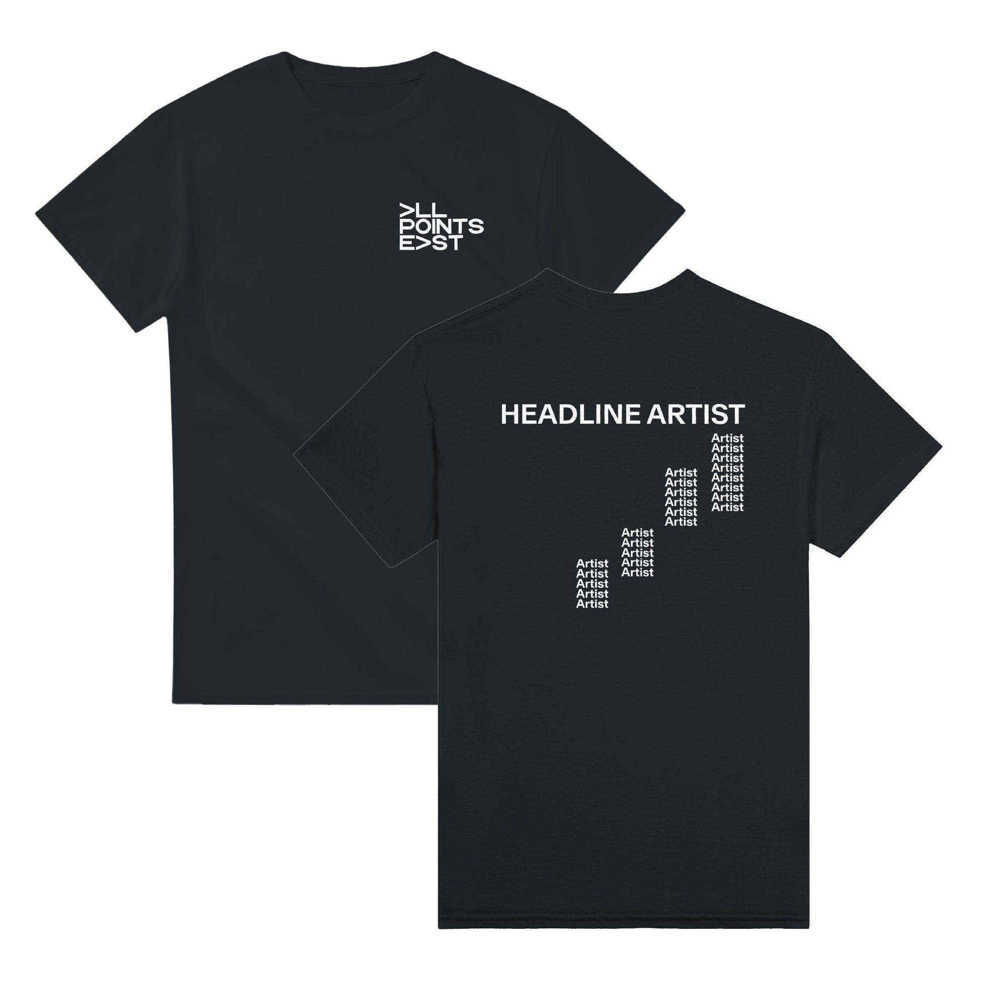 Pre-order the All Points East 2026 Tyler, The Creator Event T-Shirt! Black with white text, small POINTS EAST logo on front left chest, HEADLINE ARTIST and artists list on back. Collect at event—a perfect, stylish keepsake.