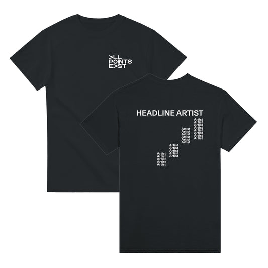 Pre-order the All Points East 2026 Tyler, The Creator Event T-Shirt! Black with white text, small POINTS EAST logo on front left chest, HEADLINE ARTIST and artists list on back. Collect at event—a perfect, stylish keepsake.
