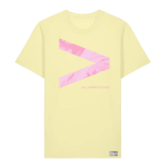 Introducing the PRE-ORDER: All Points East 2026 Jorja Smith + Tems Event T-Shirt by All Points East. This exclusive pale yellow t-shirt features a bold pink greater-than sign and a marbled pattern across the front, with “ALL POINTS EAST” printed in small text below the symbol. Typically only available at event merchandise stands, this collectible tee is finished with a distinctive small label sewn onto the bottom hem.