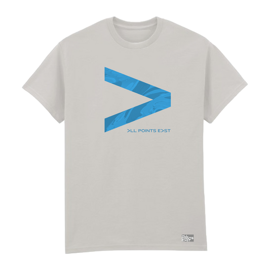 PRE-ORDER: All Points East 2026 Lorde Event T-Shirt by All Points East. This white tee features a large marbled blue arrow symbol across the chest, with “ALL POINTS EAST” printed underneath. Designed as the official event t-shirt from your favorite festival, it also includes a small logo near the bottom right corner—making it the perfect keepsake whether you pick it up at the merch stand or receive it with your order confirmation.