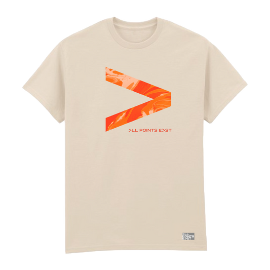PRE-ORDER: All Points East 2026 Tyler, The Creator Event T-Shirt by All Points East. This beige t-shirt features an orange abstract arrow design pointing right above the words “ALL POINTS EAST” in orange on the front—perfect for commemorating your festival experience. Available for pre-order at the merchandise stand or online after you receive your order confirmation.