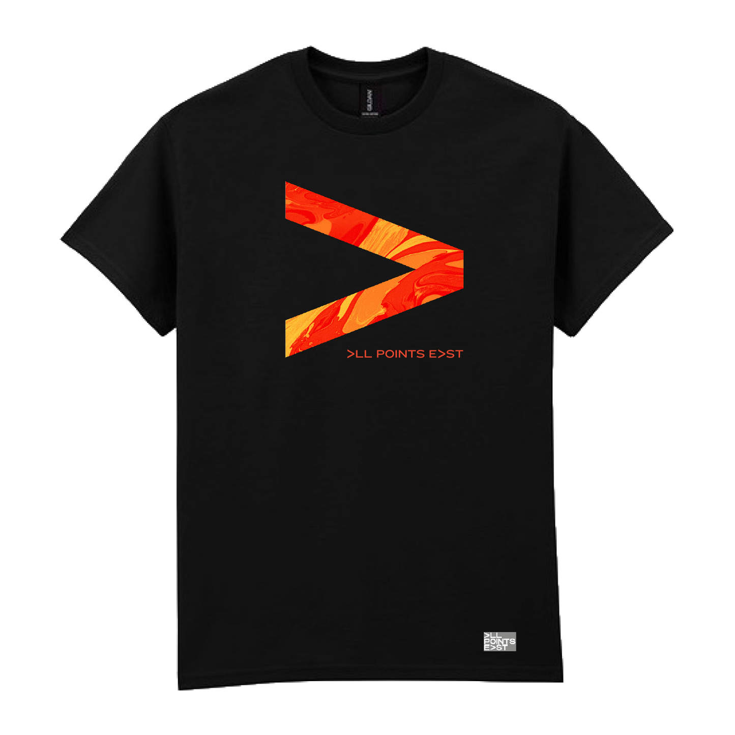 PRE-ORDER: All Points East 2026 Twenty One Pilots Event T-Shirt by All Points East. This black t-shirt features a bold orange and red marbled greater-than symbol (>) on the chest, with “ALL POINTS EAST” in small text below the symbol and a small white logo near the bottom hem. Exclusively available at the merchandise stand, this event t-shirt comes with an order confirmation for your collection.
