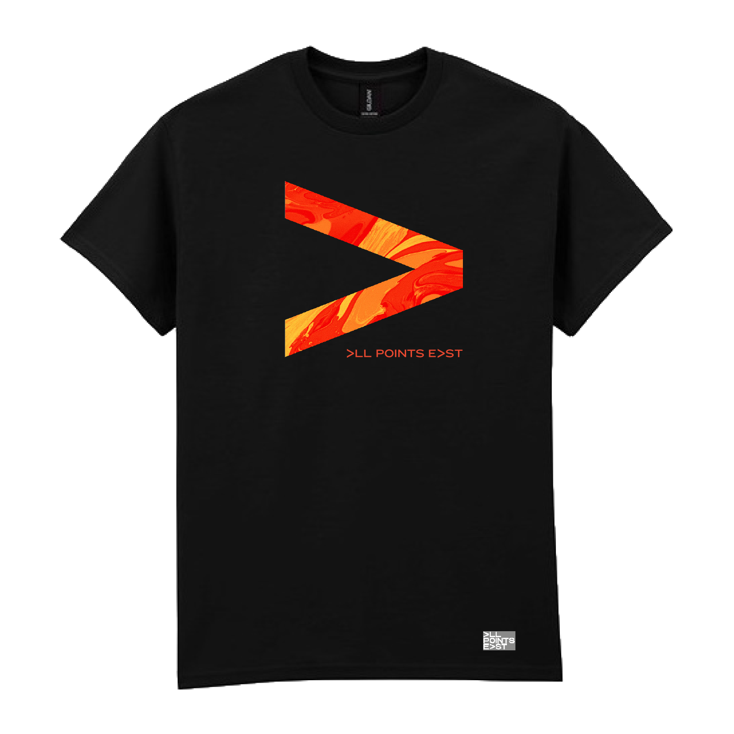 PRE-ORDER: All Points East 2026 Twenty One Pilots Event T-Shirt by All Points East. This black t-shirt features a bold orange and red marbled greater-than symbol (>) on the chest, with “ALL POINTS EAST” in small text below the symbol and a small white logo near the bottom hem. Exclusively available at the merchandise stand, this event t-shirt comes with an order confirmation for your collection.