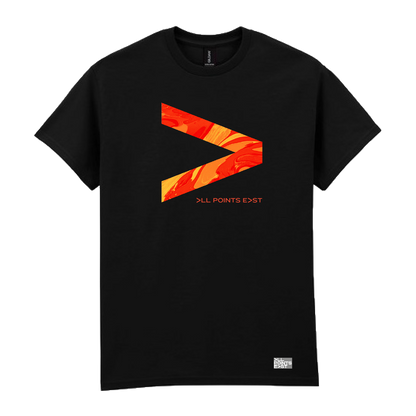 PRE-ORDER: All Points East 2026 Twenty One Pilots Event T-Shirt by All Points East. This black t-shirt features a bold orange and red marbled greater-than symbol (>) on the chest, with “ALL POINTS EAST” in small text below the symbol and a small white logo near the bottom hem. Exclusively available at the merchandise stand, this event t-shirt comes with an order confirmation for your collection.