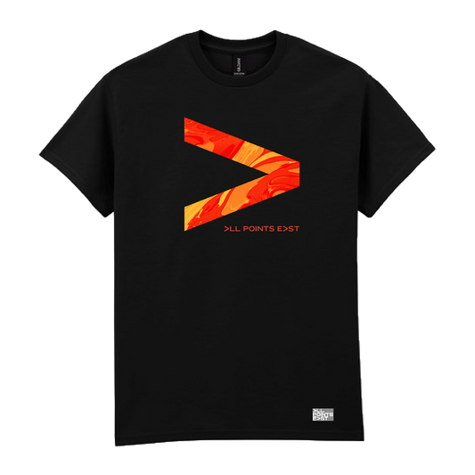 PRE-ORDER: All Points East 2026 Twenty One Pilots Event T-Shirt by All Points East. This black t-shirt features a bold orange and red marbled greater-than symbol (>) on the chest, with “ALL POINTS EAST” in small text below the symbol and a small white logo near the bottom hem. Exclusively available at the merchandise stand, this event t-shirt comes with an order confirmation for your collection.