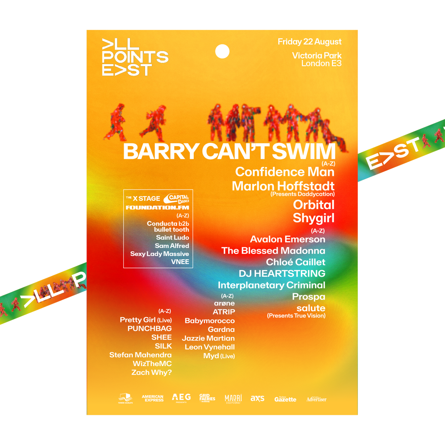2025 Barry Cant Swim Laminate & Lanyard by 2025, featuring All Points East artist lineup (Barry Cant Swim, Confidence Man, Orbital, Shygirl & more). Event: Fri 22 Aug at Victoria Park, London. Colorful dancing figures in the design.