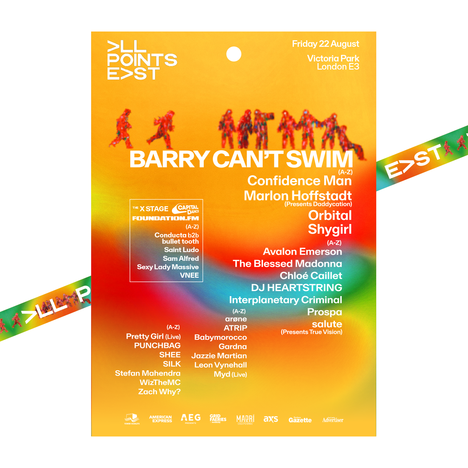 2025 Barry Cant Swim Laminate & Lanyard by 2025, featuring All Points East artist lineup (Barry Cant Swim, Confidence Man, Orbital, Shygirl & more). Event: Fri 22 Aug at Victoria Park, London. Colorful dancing figures in the design.