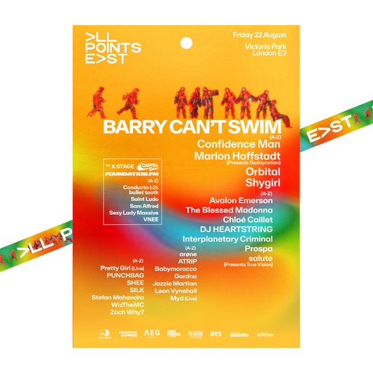 2025 Barry Cant Swim Laminate & Lanyard by 2025, featuring All Points East artist lineup (Barry Cant Swim, Confidence Man, Orbital, Shygirl & more). Event: Fri 22 Aug at Victoria Park, London. Colorful dancing figures in the design.