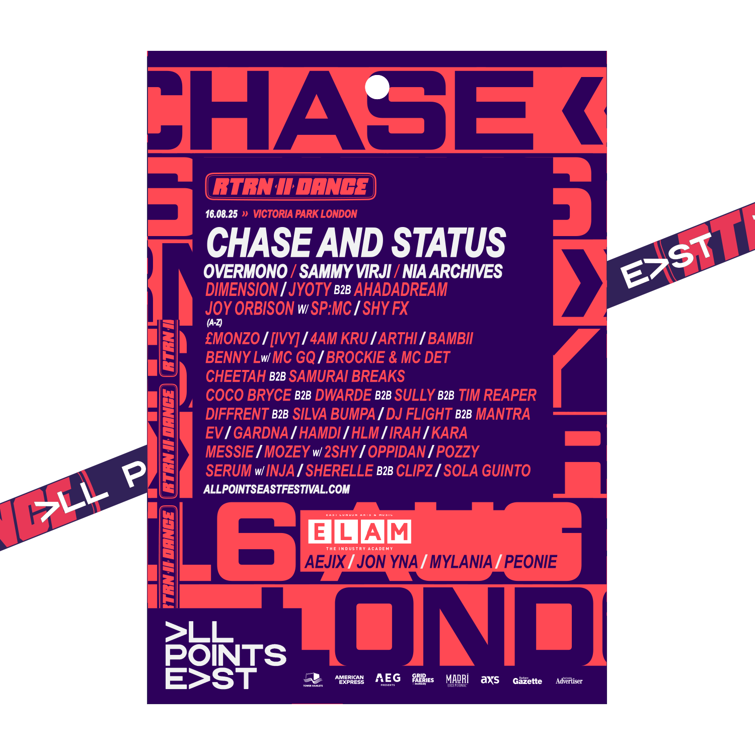 A 2025 laminate & lanyard for Chase And Status by 2025, featuring bold pink and blue design with diagonal graphics and listing headliners plus other artists.