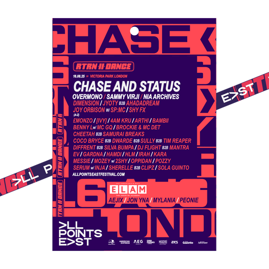 A 2025 laminate & lanyard for Chase And Status by 2025, featuring bold pink and blue design with diagonal graphics and listing headliners plus other artists.