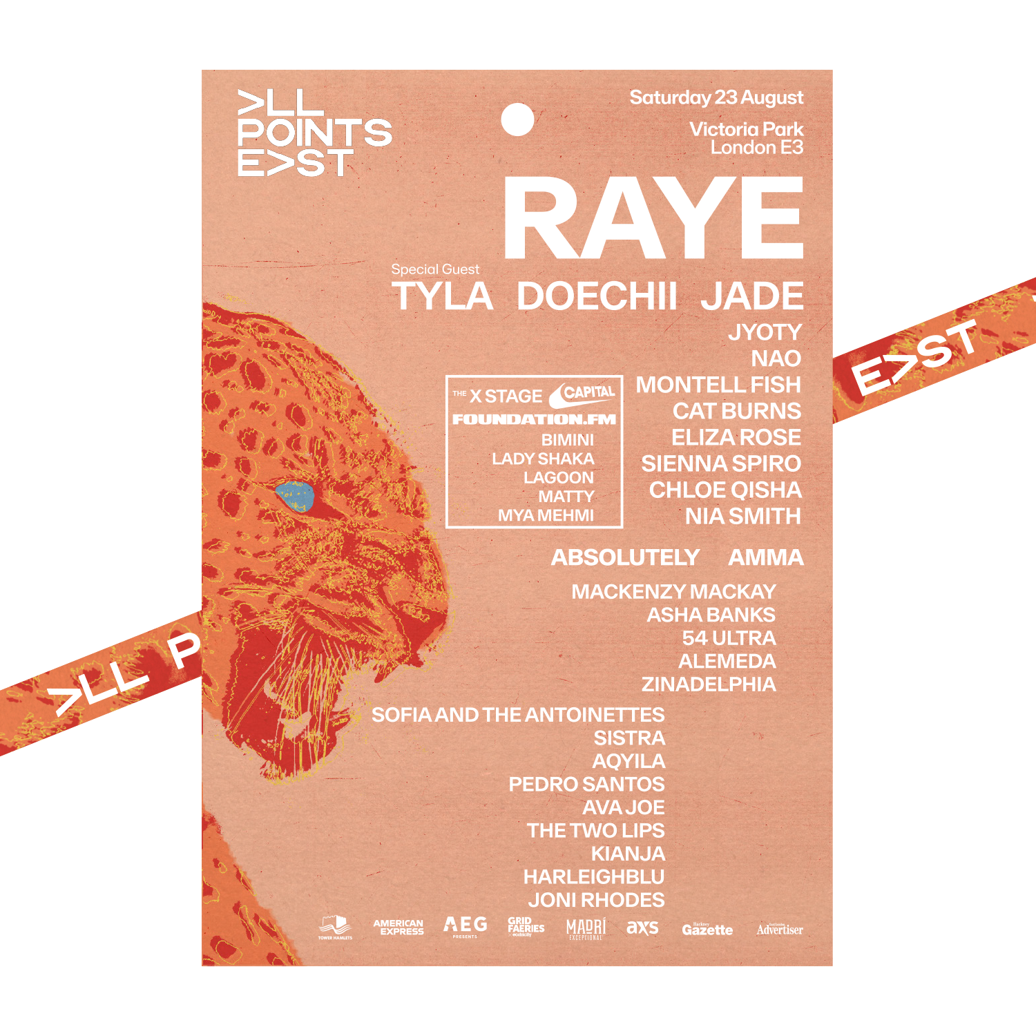 A vibrant festival poster for 2025 Raye Laminate & Lanyard by 2025, spotlighting RAYE as headliner at Victoria Park, London on Saturday, 23 August with Tyla, Doechii, Jade, Jyoty and more. An orange cheetah graphic decorates the background.