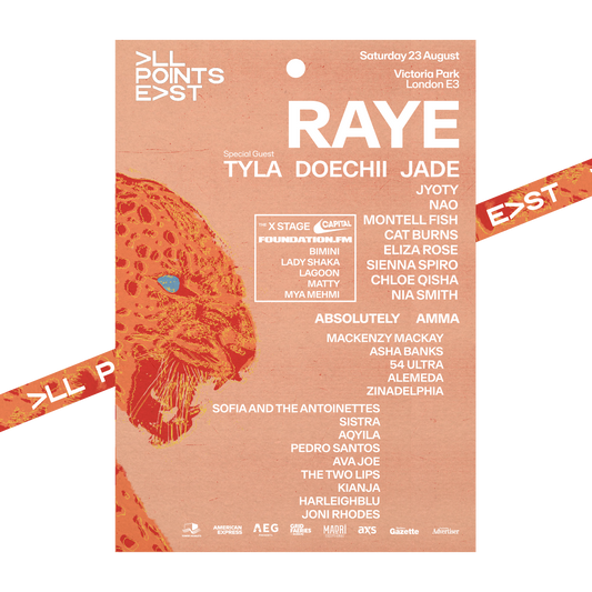 A vibrant festival poster for 2025 Raye Laminate & Lanyard by 2025, spotlighting RAYE as headliner at Victoria Park, London on Saturday, 23 August with Tyla, Doechii, Jade, Jyoty and more. An orange cheetah graphic decorates the background.