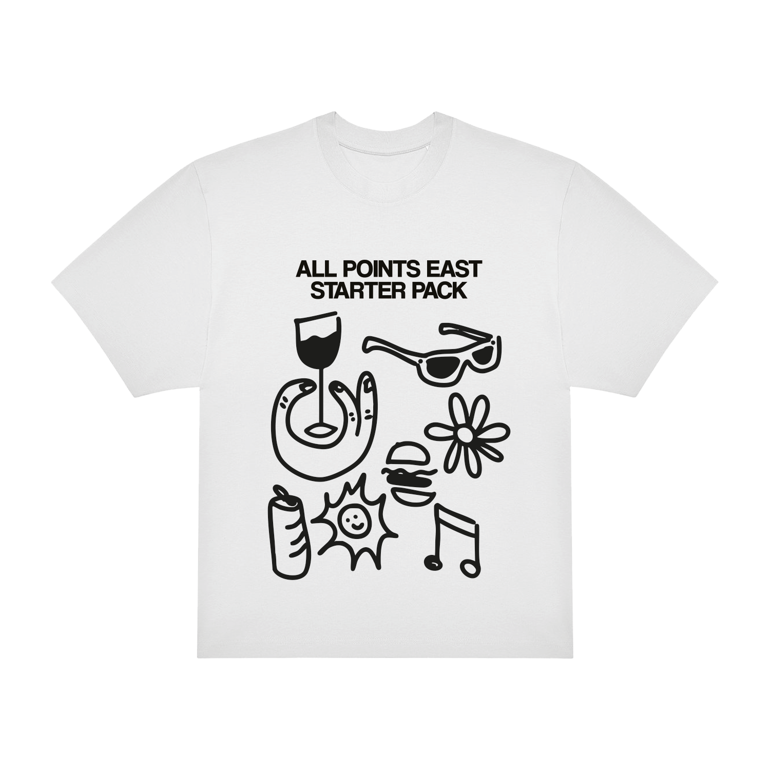 The Starter Pack T-Shirt by 2025 is a white tee featuring black ALL POINTS EAST STARTER PACK text above illustrations of a wine glass, sunglasses, horseshoe, flowers, a can, sun, and music notes.