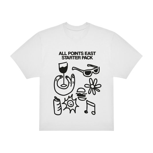The Starter Pack T-Shirt by 2025 is a white tee featuring black ALL POINTS EAST STARTER PACK text above illustrations of a wine glass, sunglasses, horseshoe, flowers, a can, sun, and music notes.