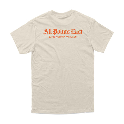 Introducing the All Points East 2026 Vinyl Player T-Shirt by All Points East. This eco-friendly beige unisex shirt is tailored for a comfortable fit, featuring short sleeves and a classic crew neckline. The back displays bold orange text across the upper part reading: “All Points East ©2026 Victoria Park, Lon.”.