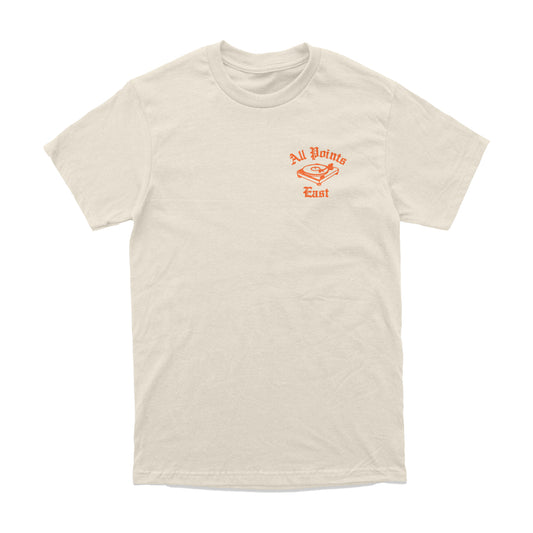The All Points East 2026 Vinyl Player T-Shirt features a unisex tailored fit in beige, with a small orange graphic of a stylized bird and the text “All Points East” on the left chest. This eco-friendly t-shirt from All Points East offers both comfort and style, making it perfect for everyday wear.